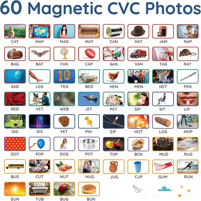 60 Magnetic CVC Photo Objects by Learning Letters. Real-Life Images that depict Words that Follow CVC Patterns. Color-Coded by Short Vowel Sound. Manipulatives for Phonics and Vocabulary Development. - Image 2