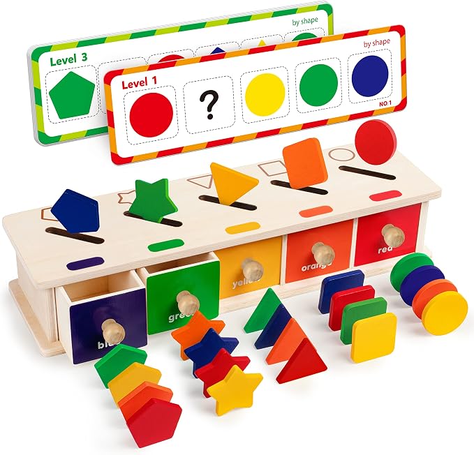 Coogam Montessori Toys Wooden Color Shape Sorting Box Game Geometric Matching Blocks Early Learning Educational Toy Gift for 3 4 5 Year-Old Baby Toddlers by Coogam