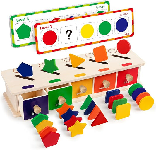 Coogam Montessori Toys Wooden Color Shape Sorting Box Game Geometric Matching Blocks Early Learning Educational Toy Gift for 3 4 5 Year-Old Baby Toddlers by Coogam