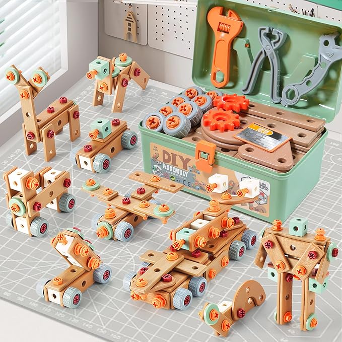 VEAIS Kids Tool Set,135Pcs Tool Set with Toolbox,Educational Montessori Toys,STEM Pretend Play Construction Toys for 3 4 5 Year Old,ABS Plastic Repair Toolkit for 3-6 Year Old Boy,Best Birthday Gift by VisittheVEAIS