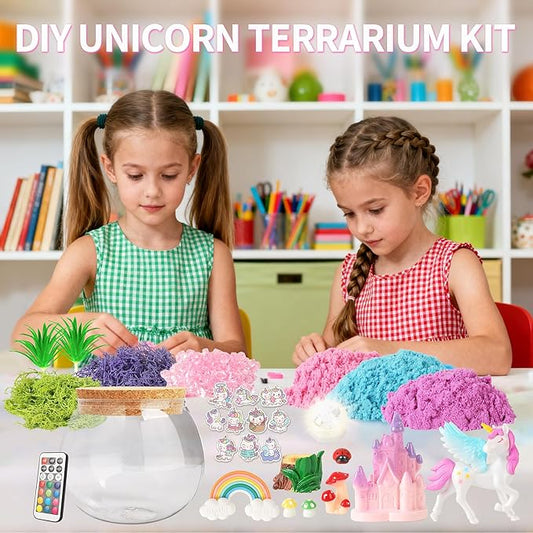 Unicorn Light-Up Terrarium Kit Toys for Kids - Not Fragile - LED Birthday Gift for Girls Ages 4 5 6 7 8-12 Year Old - Unicorn Toys for Girls - DIY Arts and Craft Kits with Stickers (Round)