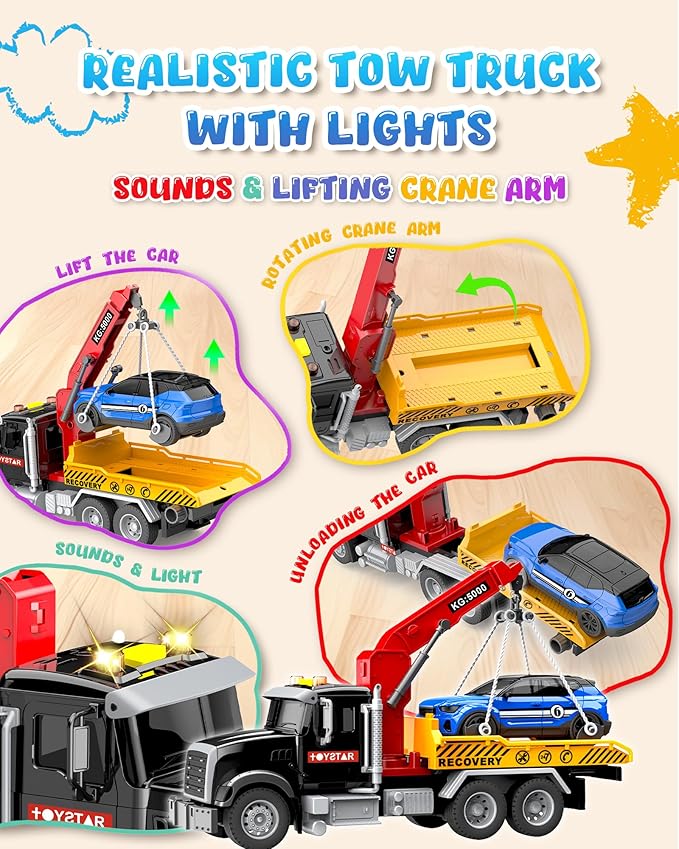 Kids Toys for 3 4 5 6 7 Years Old Boys, 15" Large Tow Truck Toy, Friction Powered Transport Toy Trucks with Lights and Sounds, Birthday Gifts for Boys & Girls with Racing Car