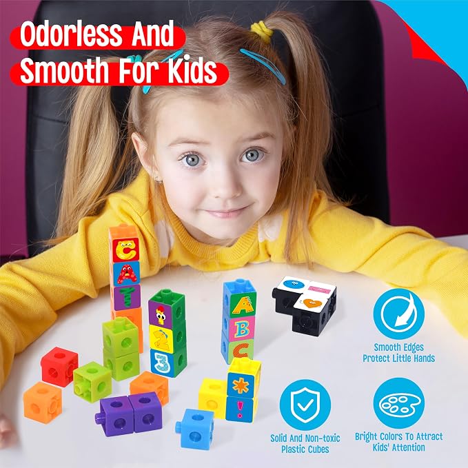 100 Math Linking Cubes, Math Cubes with 384 Reusable Stickers-Letters, Numbers, Shapes, Manipulative Geometric Connecting and Counting Blocks, Educational Toy for Kids Math Learning and Fun Activities - Image 3
