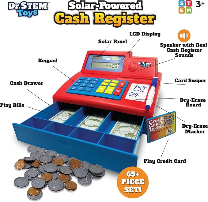 Dr. STEM Toys Solar Powered Calculator Pretend Cash Register with Play Money – 67-Piece Set for Learning Math Skills, STEM Cash Register for Kids, Red - Image 3