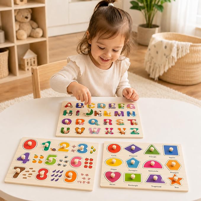 Wooden Peg Puzzles for Toddlers, 3 Pack Large Wooden Knob Puzzles for Ages 3-5, Montessori Shape Matching Toys, Preschool Learning Puzzles for Fine Motor Skills, Birthday Gifts for Boys Girls 3 4 5 - Image 7
