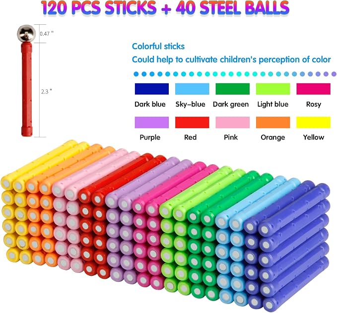 160 Pcs Magnet Building Sticks Kids Toys, Lengthen Magnetic Construction Building Blocks Set 3D Brain Training Learning Educational DIY STEM Toys - Image 5