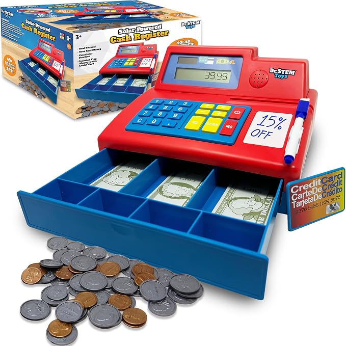 Dr. STEM Toys Solar Powered Calculator Pretend Cash Register with Play Money – 67-Piece Set for Learning Math Skills, STEM Cash Register for Kids, Red by THiNAiRToys-DrSTEM
