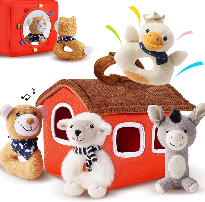 iPlay, iLearn Baby Toys 3 6 12 Month Newborn Gifts, Infant Soft Farm Stuffed Animal Rattles Plush Barn, Boy Girl Stuff, Basket Stocking Stuffer, Sensory Hand Development Toy 0 2 4 7 9M 1 Yr - Farm