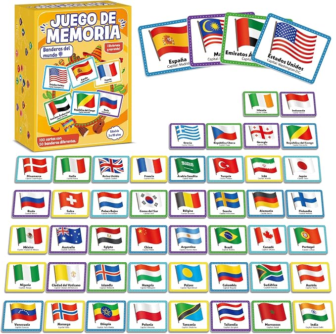 gisgfim 100 PCS Juego de Memoria de Banderas del Mundo en español para niños y adultos Flags of the World Memory Matching Games in Spanish Educational Matching Game Fun Fast Memory Game Gift Learning by gisgfim