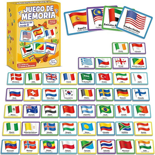 gisgfim 100 PCS Juego de Memoria de Banderas del Mundo en español para niños y adultos Flags of the World Memory Matching Games in Spanish Educational Matching Game Fun Fast Memory Game Gift Learning by gisgfim