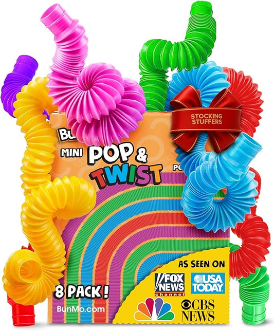 BUNMO Stocking Stuffers for Kids - Pop Tubes - Sensory Toys - Toddler Toys - Imaginative Play & Stimulating Creative Learning - Stocking Stuffers for Toddlers - 8 Pack Small