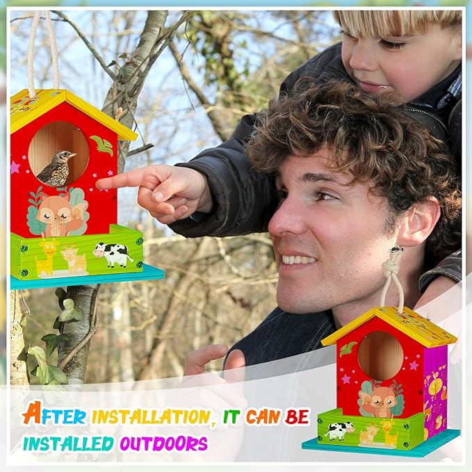 Liliful 12 Pack Wooden Birdhouse Kit DIY Bird House with Paint and Paintbrushes Art and Crafts Painting Kits for Boys Girls Adults Build Paint Classroom Birthday Indoor Outdoor Craft