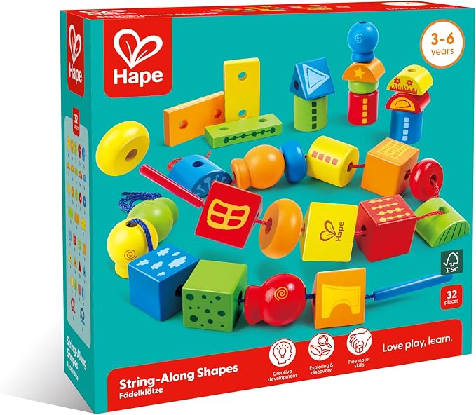 Hape String Shapes Wooden Toy Blocks in 32 Pieces, 3+ Years, Water Based Paint, String - Image 5