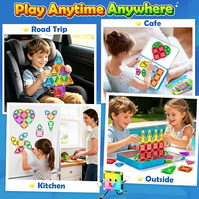 Soyee Mini Travel Magnetic Tiles 60PCS with Metal Tin Case Toddler Kids Toys Travel Essentials, Toddler Travel Toys Portable STEM Building Blocks Compatibility with Regular Size Magnetic Tiles - Image 4
