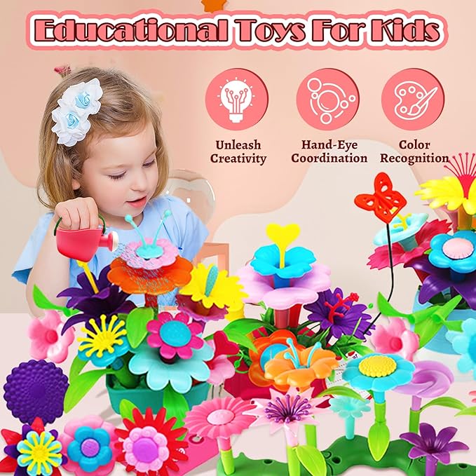 FUNZBO 99pcs Flower Garden Building Toys Set -Christmas Spring Toys for 3 4 5 6 7 8 9 Years Old Girls, STEM Montessori Educational Toys for Toddlers Kids,Sorting & Stacking Toy for Birthday Gifts