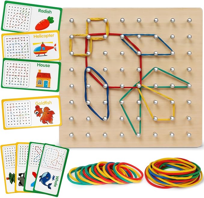 Wooden Geoboard, Montessori STEM Toy with Pattern Cards for Kids Ages 3+ by Skrtuan
