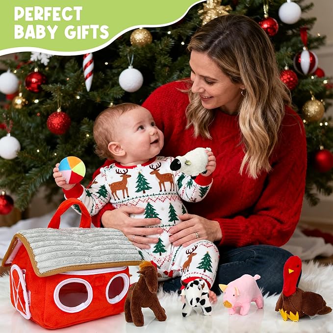 Baby Toys 6-12 Months - Montessori Sensory Farm Set - Soft Stuffed Animals with Rattle Squeak Safe Mirror - On-The-Go Toddler 1-3 Year Old Boy Girl Birthday Gifts (White)