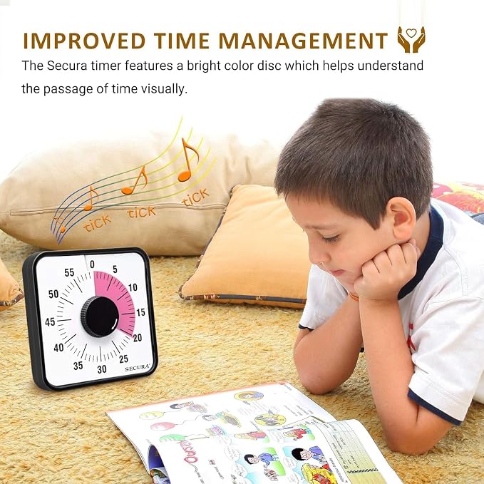 Secura 60-Minute Visual Countdown Timer, 7.5-Inch Oversize Classroom Visual Timer for Kids and Adults, Durable Mechanical Kitchen Timer Clock with Magnetic Backing (Peony Color) - Image 3