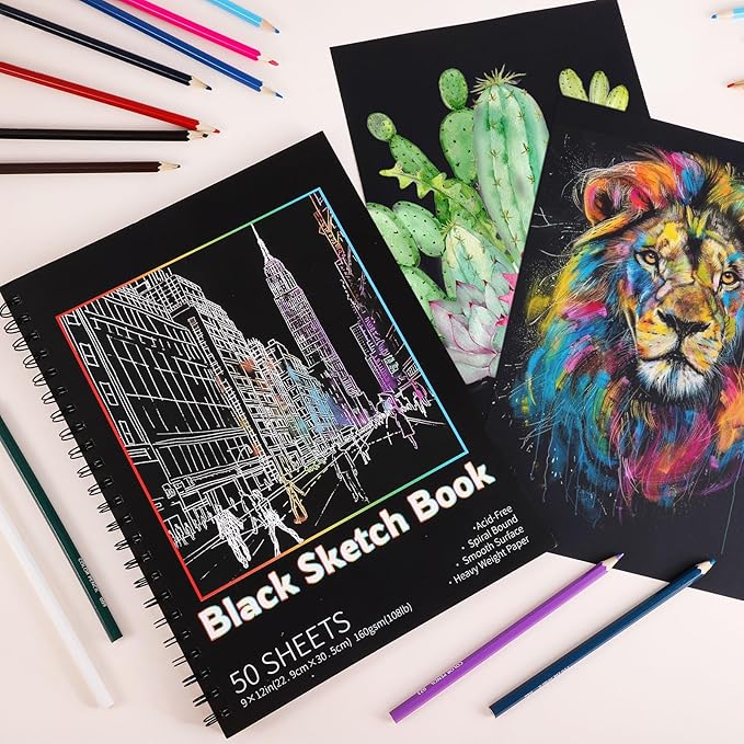 100 Sheets Black Paper Sketchbook(2 Pack), 108 lb/160gsm Heavyweight Black Sketch Pad 9×12in, Acid-Free Drawing Paper, Spiral Bound Sketch Book for Kids, Teens, Artist.