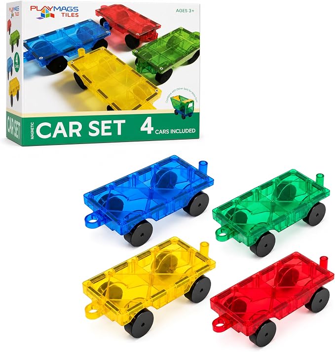 Playmags Magnetic Car Set (4 Pieces) - Strong Magnet Car Bases for Magnetic Tiles, STEM Building Toy Accessories for Kids, Compatible with Magnetic Blocks, Durable Wheels by Playmags