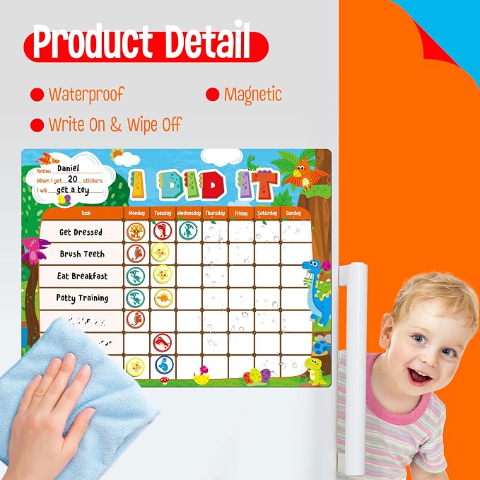 Magnetic Reward Chart, Dry Erase Task Board-One Chart & 72 Magnetic Reward Magnets, Dinosaur Theme Behavior Tracker for Daily Routine, Potty Training - Image 5