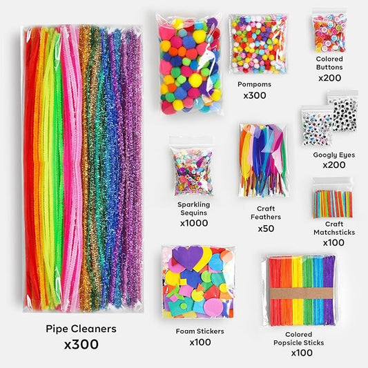 FUNZBO 2000Pcs+ Arts & Crafts Supplies Kits for Kids, Christmas DIY Craft Supplies for Toddlers Art Supply Tools Set Pipe Cleaners, Pom Poms and Feather, Birthday Gifts for Kid Girls Ages 4-8-12