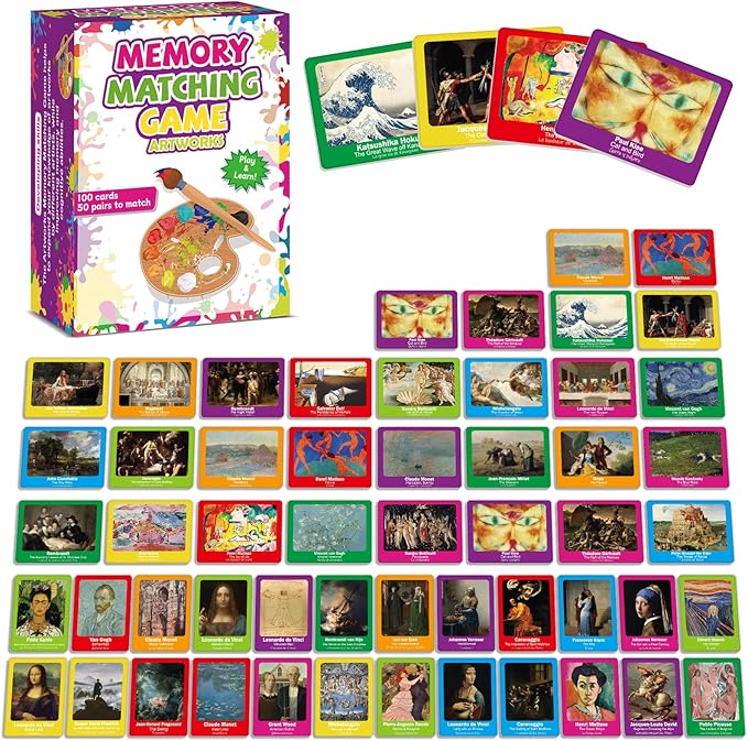 gisgfim 100 PCS Memory Matching Game Famous Paintings Concentration Memory Card for Adults Learning Educational Game A Fun & Fast Artworks Theme Matching Games by gisgfim
