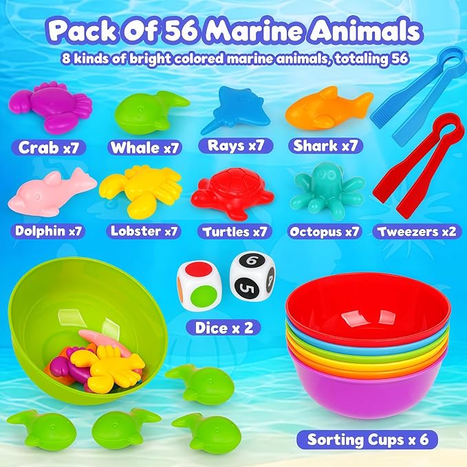 Sorting Colors Sea Animals Counting Toys with Matching Sorting Cups and Game Dices, Color Classification and Sensory Training Preschool Educational Learning Toys for Toddlers Kids Girls Boys Ages 3+ - Image 2