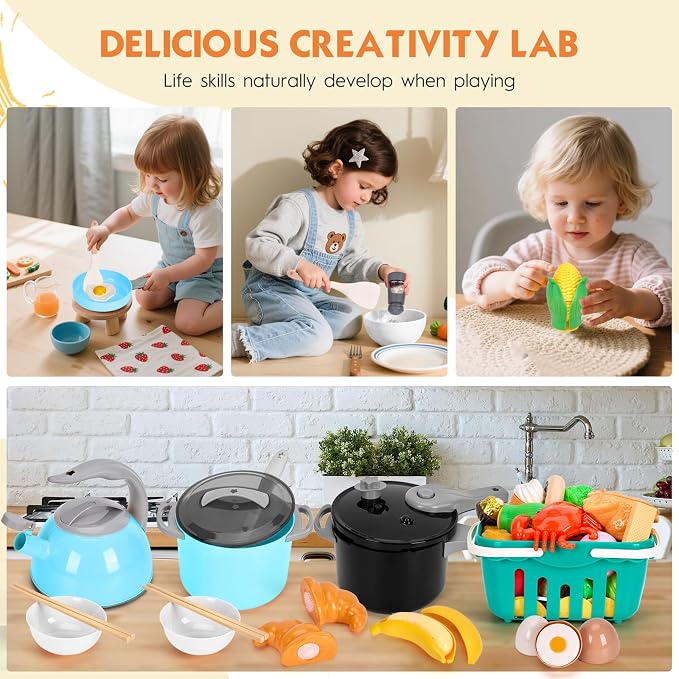 130Pcs Kitchen Playset, Toddler Pretend Cooking Play Pots, Pans, Utensils Cookware, Daily Food Fruit Veges, Shopping Storage Basket, Dessert, Prop Money, Learning Gift for Child (Turquoise) - Image 6
