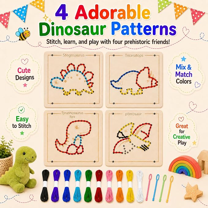 Montessori Wooden Lacing Dinosaur Toys for Toddlers and Kids Ages 2-4 5-7, Sewing Kit Fine Motor Skill Busy Board, Education Sensory Preschool Toy for 1 2 3 4 Year Olds, Birthday Gift for Boys Girls - Image 6