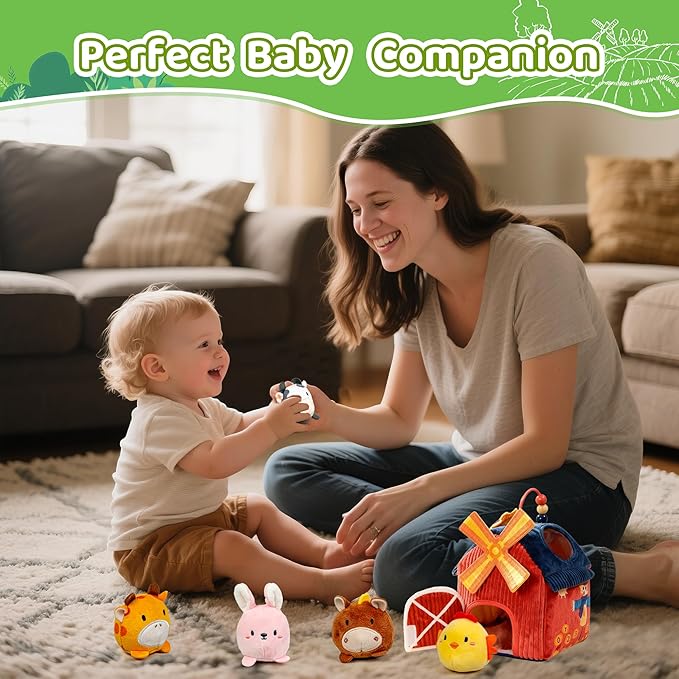 brenzo Barnyard Baby Toys 6-12 Months, 7-Piece Montessori Sensory Playset Babies 0-3, Tummy Time Companion w/ 6 Farm Animals, Rattle, Crinkle, Squeaker & Mirror, Ideal Newborn Toddler Christmas Gift