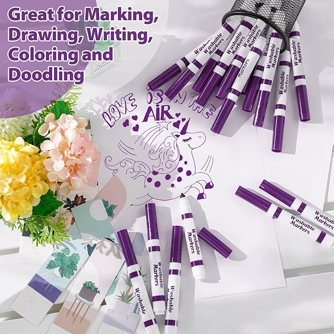 Janlaugh 36 Pcs Purple Washable Markers Bulk Coloring Broad Line Markers for Kids Conical Tip Drawing Pen for Christmas, School Supplies, Travel Art Baby Shower Gender Reveal Party Supplies, Ages 6+