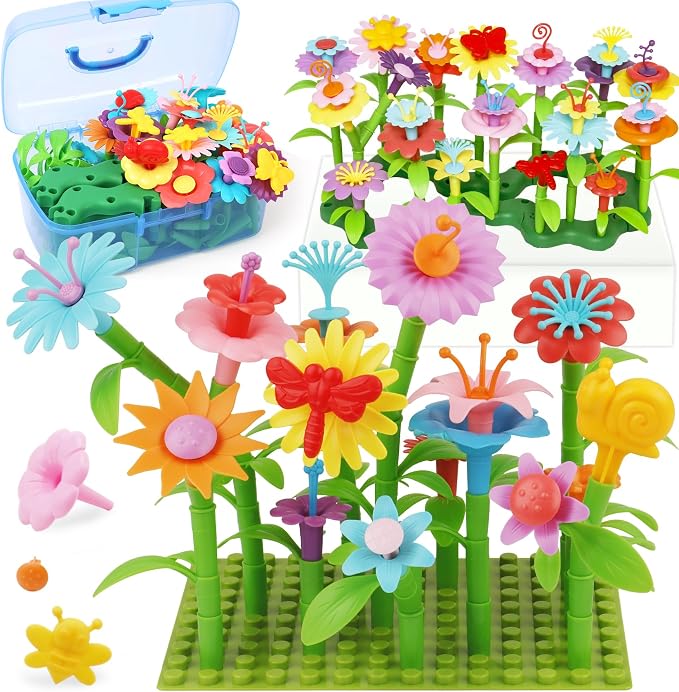 IQKidz Toddler Toys for Girls 2-4 Years Old, Flower Garden Building with Insect Features, Storage Box for Kids Age 3 5 6 7 8, Stacking Educational Preschool Learning STEM Activities 157 pcs by IQKidz