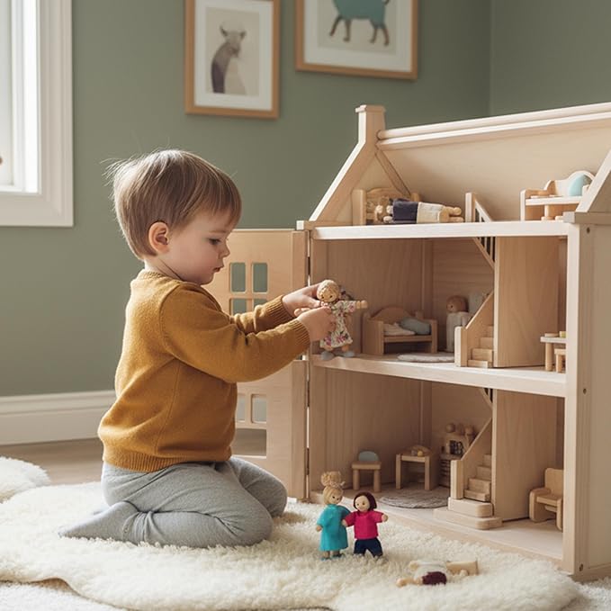 PlanToys® Wooden Dollhouse Family Set– Light Skin & Brown Hair| 4 Poseable 1:12 Scale Doll House People | Montessori Pretend Play Figurines | Eco-Friendly Sustainable Wooden Toy for Kids