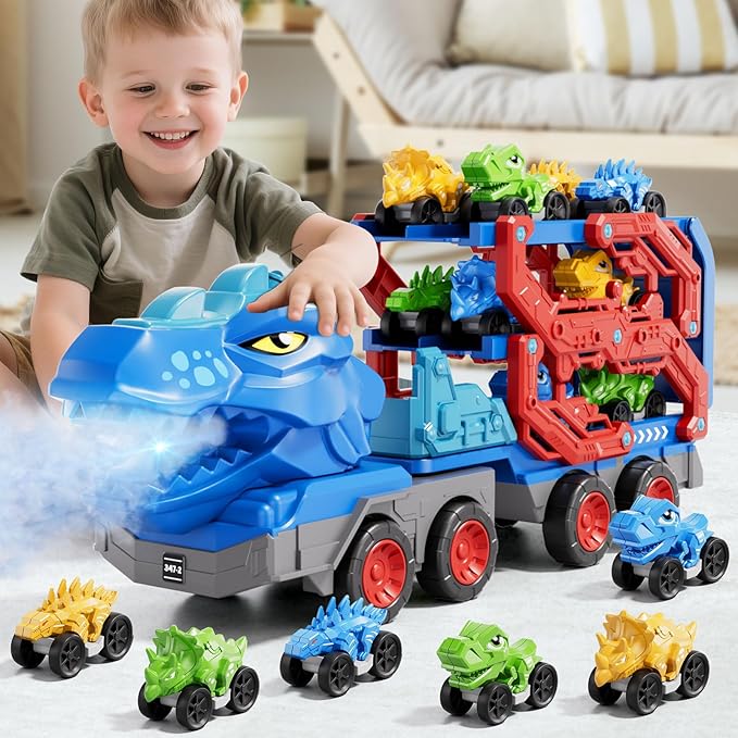 10 in 1 Dinosaur Truck Toys for Kids Toddlers Boys 3-5 4-8, Dino Carrier Truck with Foldable Track, Spray, Light & Sounds and 9 Dino Cars, Birthday Gifts for Kids Boys Girls 3 4 5 6 7 8 Year Old
