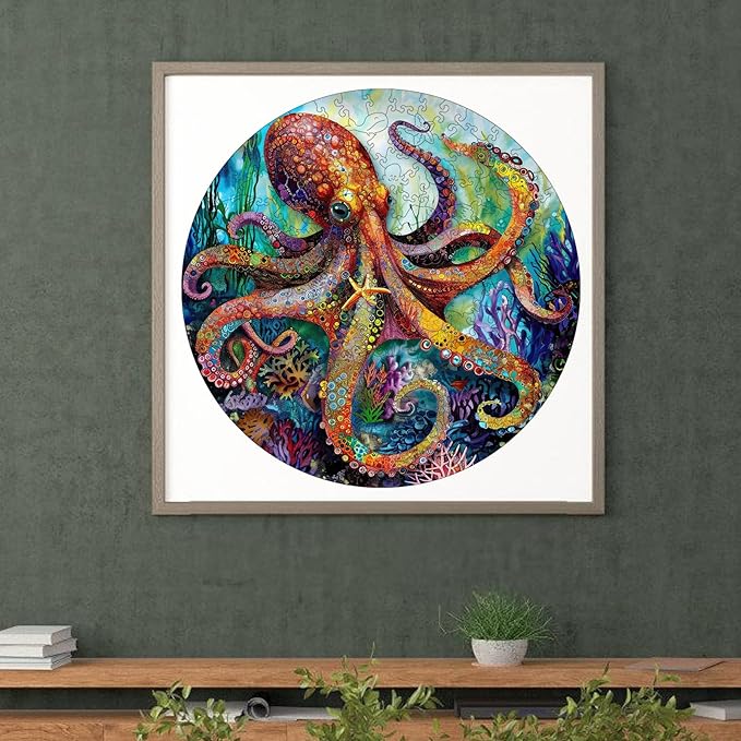 Reouinty Wooden Puzzle for Adults 500 Piece, Octopus Ocean Jigsaw Puzzles, Unique Shape Animal Adult Puzzles, Wall Decor, Wood Gift for Adults and Kids Family Game 15.6x15.6 in