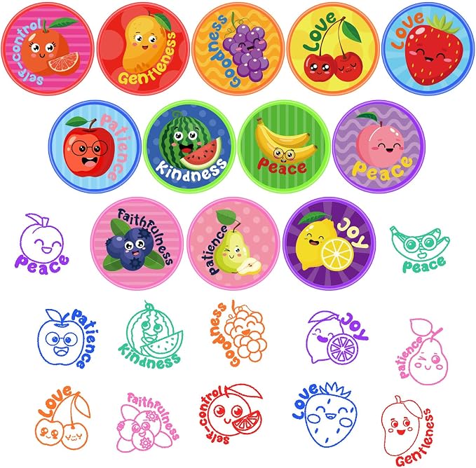 Cinrobiye 24 Pcs Fruit of the Spirit Stampers Party Favor Set, Cute Bible Learning Stamps for Kids Sunday School, Church Classroom Rewards, Faith Based Gifts, Goody Bag Fillers - Image 3