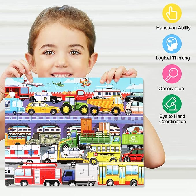 LELEMON 60 Pieces Puzzles for Kids Ages 4-8 Traffic Jam Puzzle for Boys Girls Transportation Vehicles Children Learning Educational Puzzles Portable Box Pack Toys - Image 5