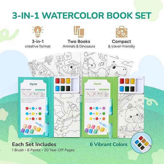 JoyCat 2 Pack Pocket Paint with Water Coloring Books for Kids, Art & Craft Activity Toy Set, Creative Travel & Home Painting Kit, Gifts for Girls & Boys Ages 3-8 (Animals & Dinosaurs)