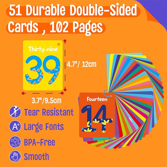 51 PCS Number Flashcards, 0-50 Double Sided Printed Cards with 2 Reclosable Rings, Learn Numbers, Learn to Count-Fun Learning and Educational Flashcards Learning Tool for Kids, Preschoolers, Toddlers - Image 2