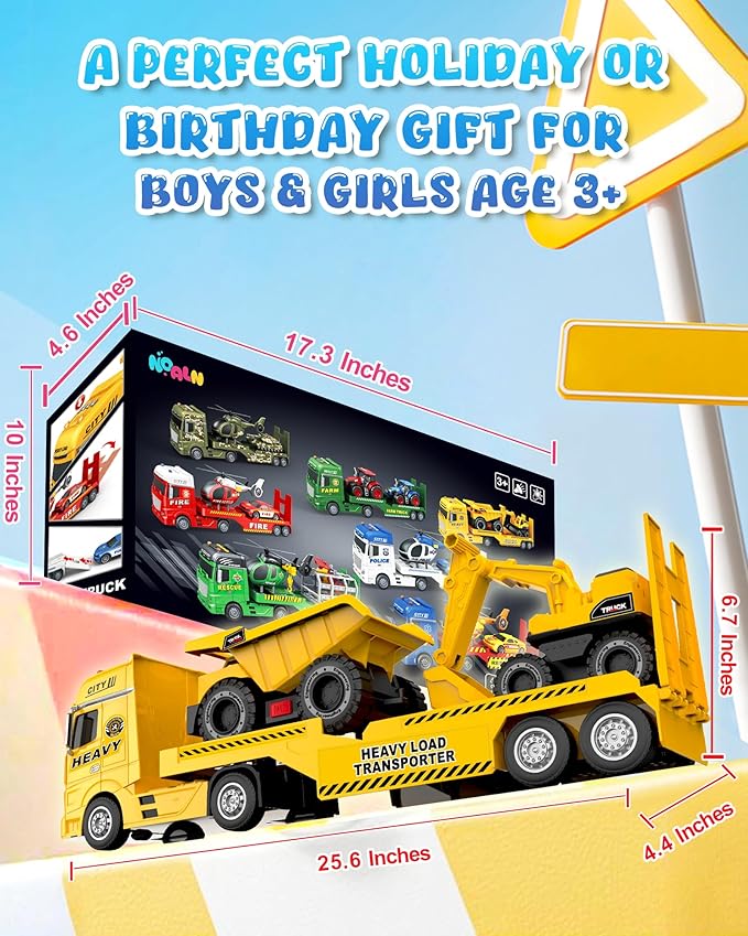 Construction Carrier Truck Toy with Excavator and Dump Truck, Friction Powered Toddler Toys with Light and Sounds, Gifts for Age 3+Years Old Boys & Girls