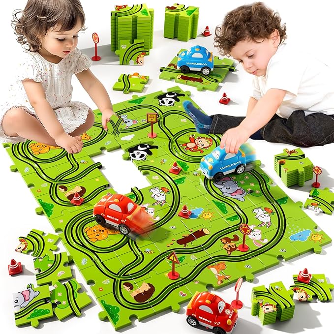 48PCS Puzzle Race Track Car Set Toys for Kids Boys, Floor Puzzle Car Tracks for Boys Ages 3-5 4-6, Toddler Toys Gifts for 3 4 5 Year Old Kids, Ideal 3 4 5 6 Year Old Birthday Gifts