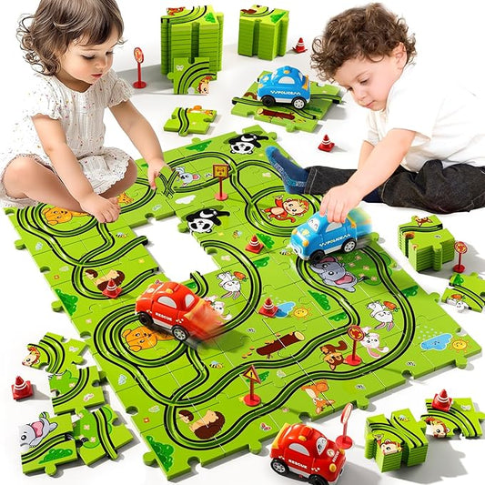 48PCS Puzzle Race Track Car Set Toys for Kids Boys, Floor Puzzle Car Tracks for Boys Ages 3-5 4-6, Toddler Toys Gifts for 3 4 5 Year Old Kids, Ideal 3 4 5 6 Year Old Birthday Gifts