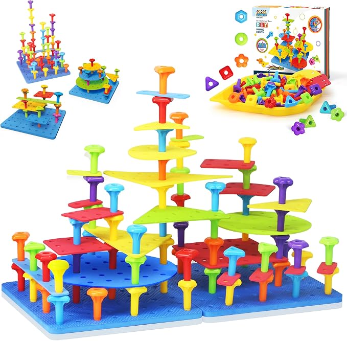 Ggiibro Peg Board Toy Set 101Pcs DIY Building Stacking Toys for Kids 3-6 Years Old,STEM Educational Kids Toy for Brain Development,Montessori Sensory Toys,Plastic Lacing String Game by StrawBuildingClub