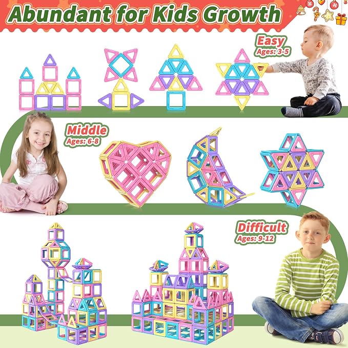 Rurvale Toddler Girl Toys, Magnetic Tiles 44pcs, Birthday Gifts Ideas for Girls Toys Age 3 4 5, Magnetic Blocks, Magnet STEM Montessori Toddler Kids Christmas Toy Gifts for 3 4 5 6 7 Year Old Girls - Image 8