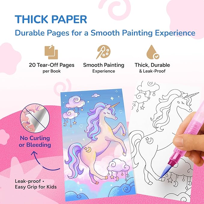 JoyCat 2 Pack Pocket Paint with Water Coloring Books for Kids, Art & Craft Activity Toy Set, Creative Travel & Home Painting Kit, Gifts for Girls & Boys Ages 3-8 (Magical Pony & Dinosaurs)