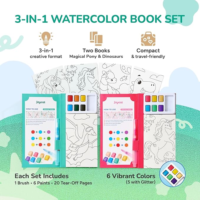 JoyCat 2 Pack Pocket Paint with Water Coloring Books for Kids, Art & Craft Activity Toy Set, Creative Travel & Home Painting Kit, Gifts for Girls & Boys Ages 3-8 (Magical Pony & Dinosaurs)