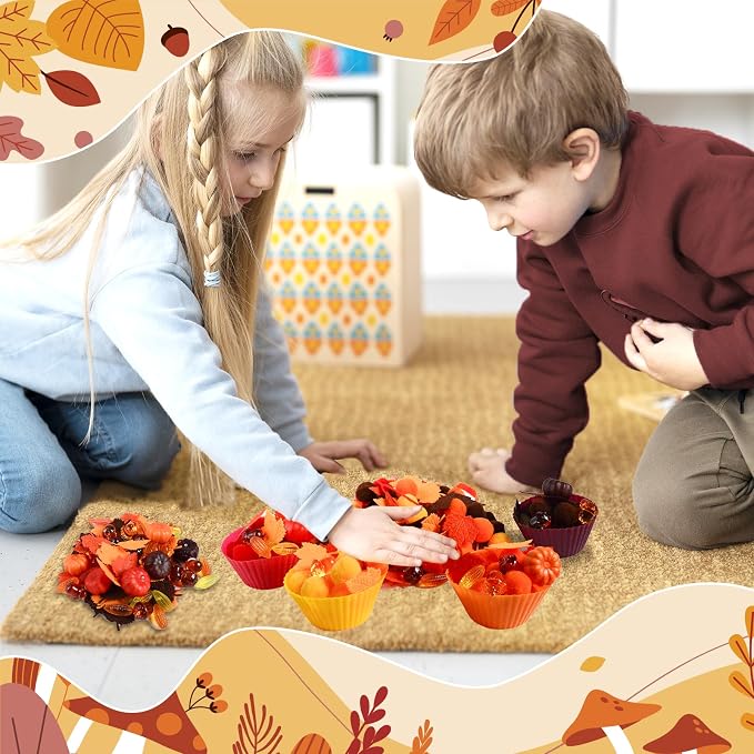 212Pcs Fall Sensory Bin Filler Fine Motor Toys Thanksgiving Sensory Bin Items Counting Sorting Toy 100 Pompoms 60 Felt Leaves 16 Acorns 16 Corns 6 Foam Pumkins for Preschool Education Activities - Image 5