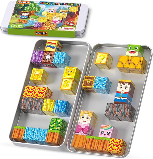Magnetic Blocks, Mini Magnetic Blocks Building Toys with Travel Case 45PCS, STEM Educational Construction Building Cubes for Kids Ages 3+, Classroom Learning Sensory Toys Gift for Toddlers Boys Girls