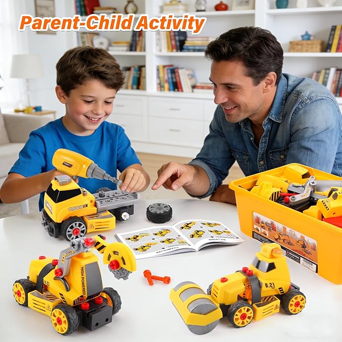Construction Toys for 3 4 5 6 7 8 Year Old Boys 9 in 3 Take Apart Toys with Electric Drill Take Apart Truck Set DIY Engineering Building Toy Push & Go STEM Toy Gift for Boys Toys Age 6-8